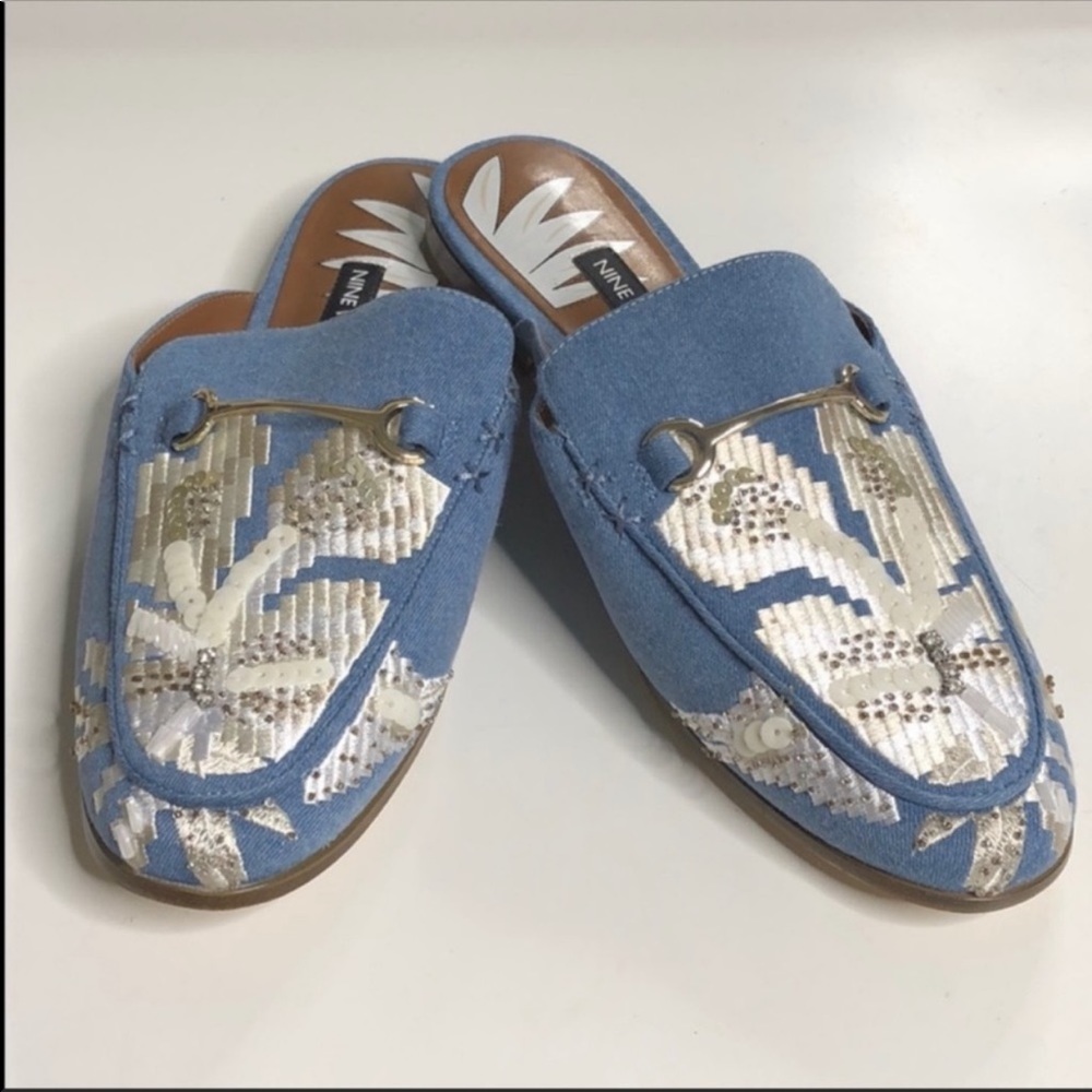 Nine West Denim Embellished Mules